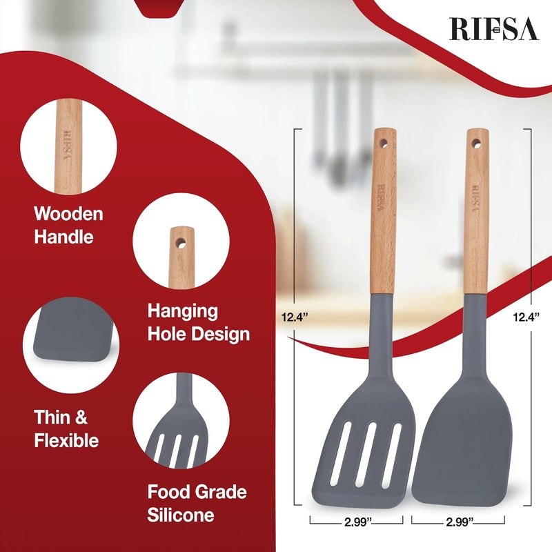 Rifsa Pack of 2 Silicone Spatula, Non Stick Slotted Spatulas with Wooden Handle, Ideal Wood Kitchen Utensils Set for Frying, Baking, Flipping & Turning, Heat Resistant Silicone Turner for Non Stick Cookware - Image 2